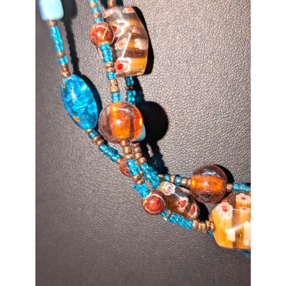 Millefiori Glass Lampwork Aqua Brown Bead Multi-Strand 17"-21" Necklace - Picture 4 of 7